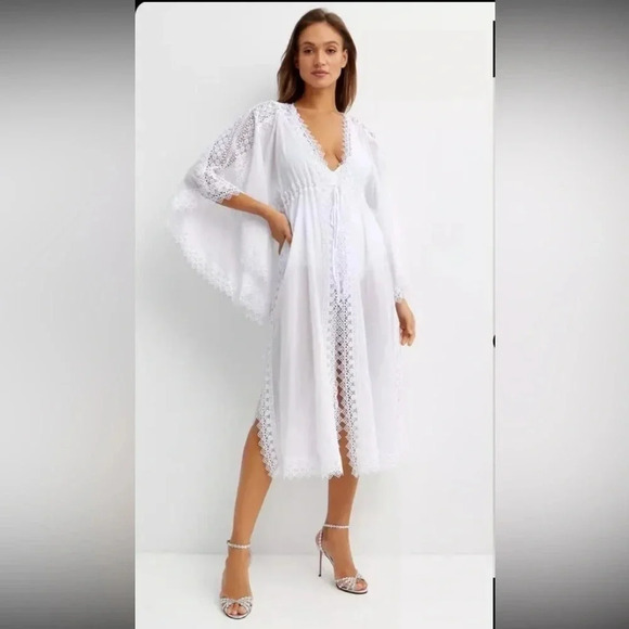 Charo Ruiz Ibiza Angela White Eyelet Caftan Beach Coverup Maxi Dress size Small - Picture 3 of 8